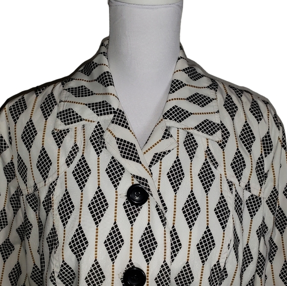 Relativity Geometric Diamond Argyle Print Rain Coat Sz Large Pockets Long Jacket - Picture 2 of 13
